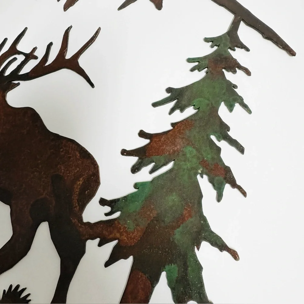 Rustic Elk Metal Wall Art with Trees and Mountains Rust-Finished